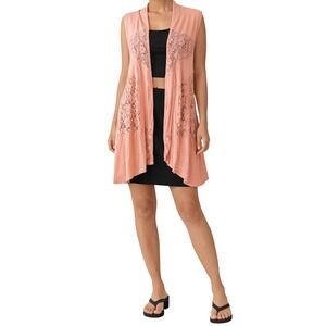 Cable & Gauge Women Peach Coral Lace Panel Sleeveless Open Front Cardigan Vest L
